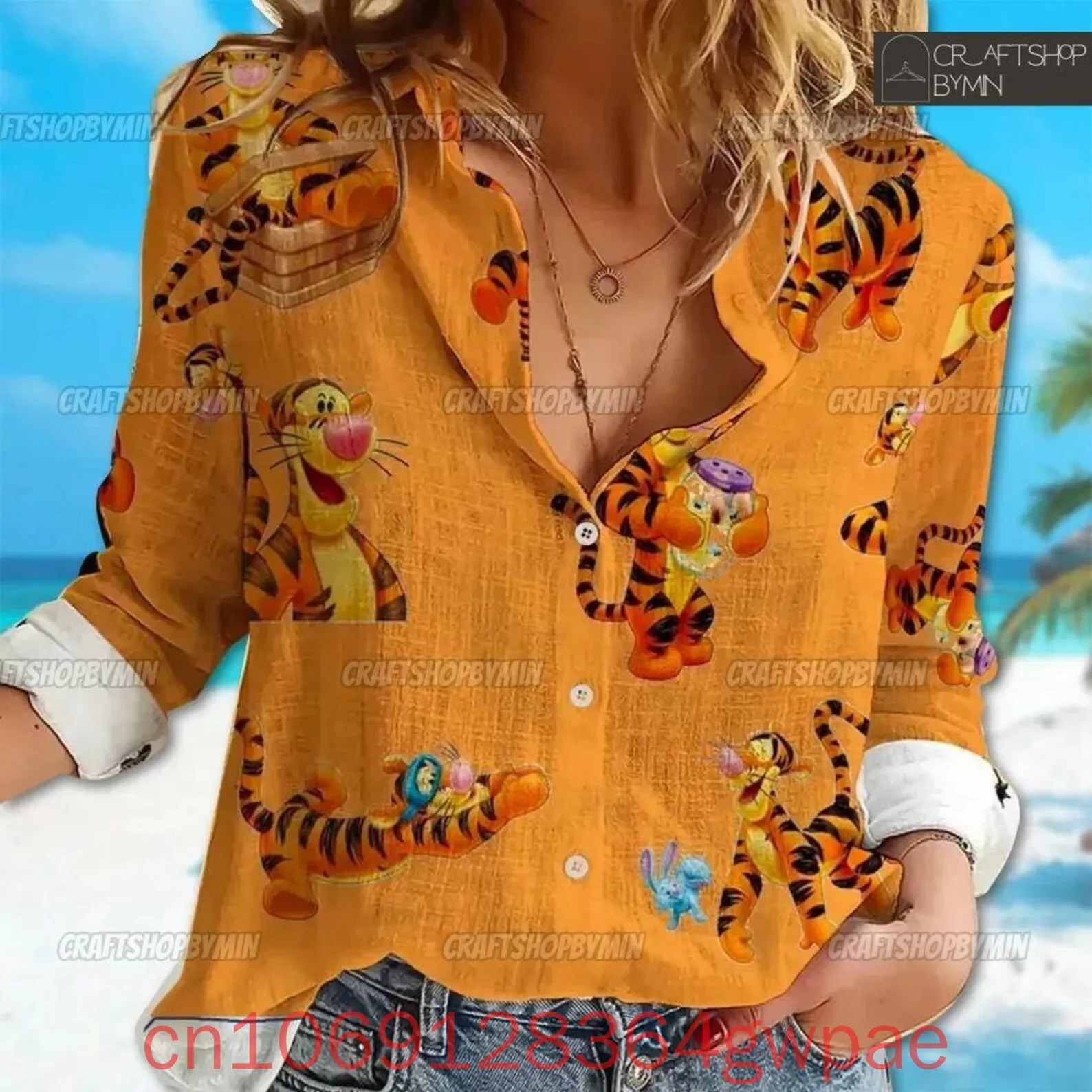 Disney Tigger Women's Blouses Shirt Casual Button Up Long Sleeve Shirt Winnie The Pooh Eeyore Cartoon Womens Elegant Shirts Tops