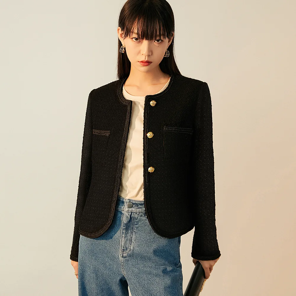 

Spring and Autumn Classic Wool Small Fragrant Wind Gold Button Crew Neck Small Commuter Short Top Jacket Women