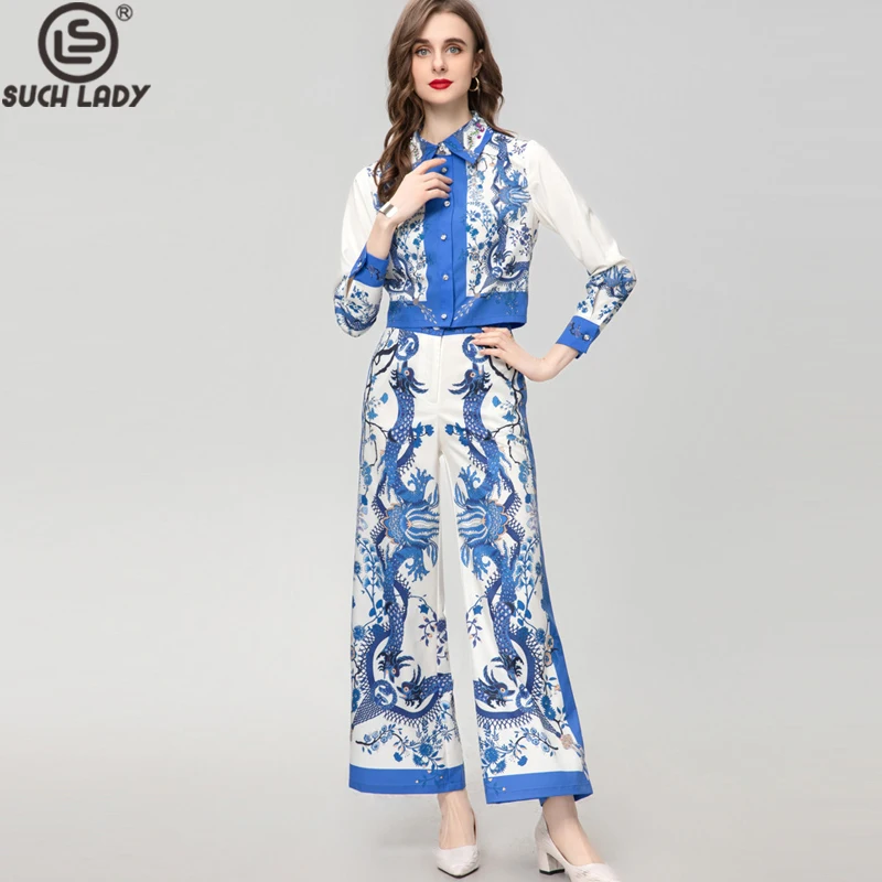 

Women's Two Piece Pants Sets Turn Down Collar Long Sleeves Printed Blazers with Floral Wide Leg Pants Twinset