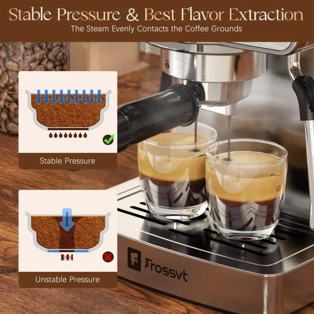 Frossvt Espresso Machine, Stainless Steel Coffee machines with 1.8L/60oz Water Tank for home, Sliver Coffee maker