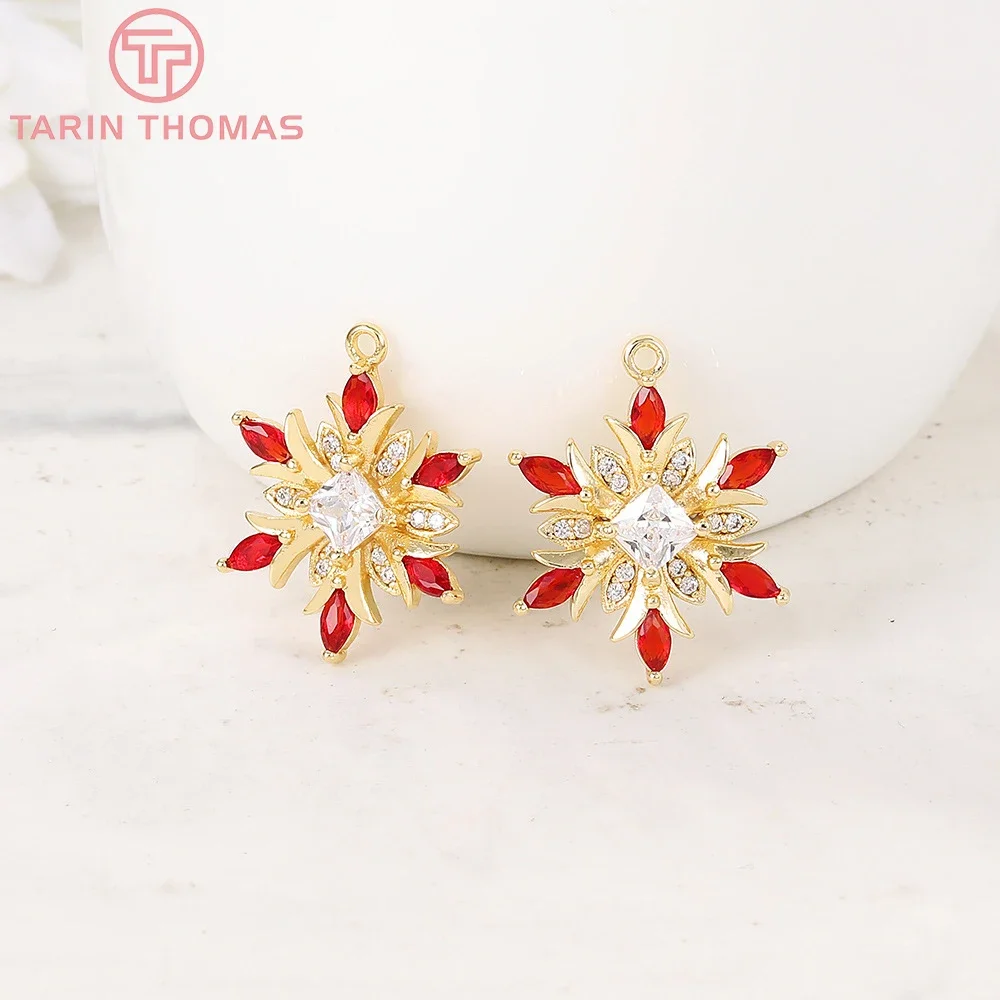 (4443) 2PCS 16x16MM 24K Gold Color Brass with Zircon Snowflake Charms Pendants High Quality Diy Jewelry Findings Accessories