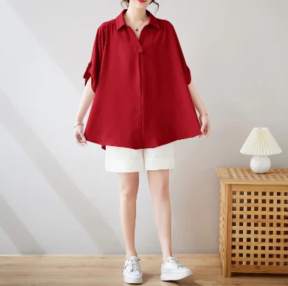 2025 Summer New Large-size Women's Solid Color Loose Belly-covering Medium-length Chiffon Top Short-sleeved Shirt