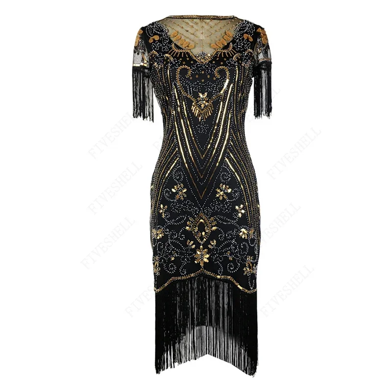 Women 1920s Vintage Great Gatsby Cosplay Dress V-Neck Sleeveless Beaded Sequin Tassel Dress Art Deco Flapper Evening Dress