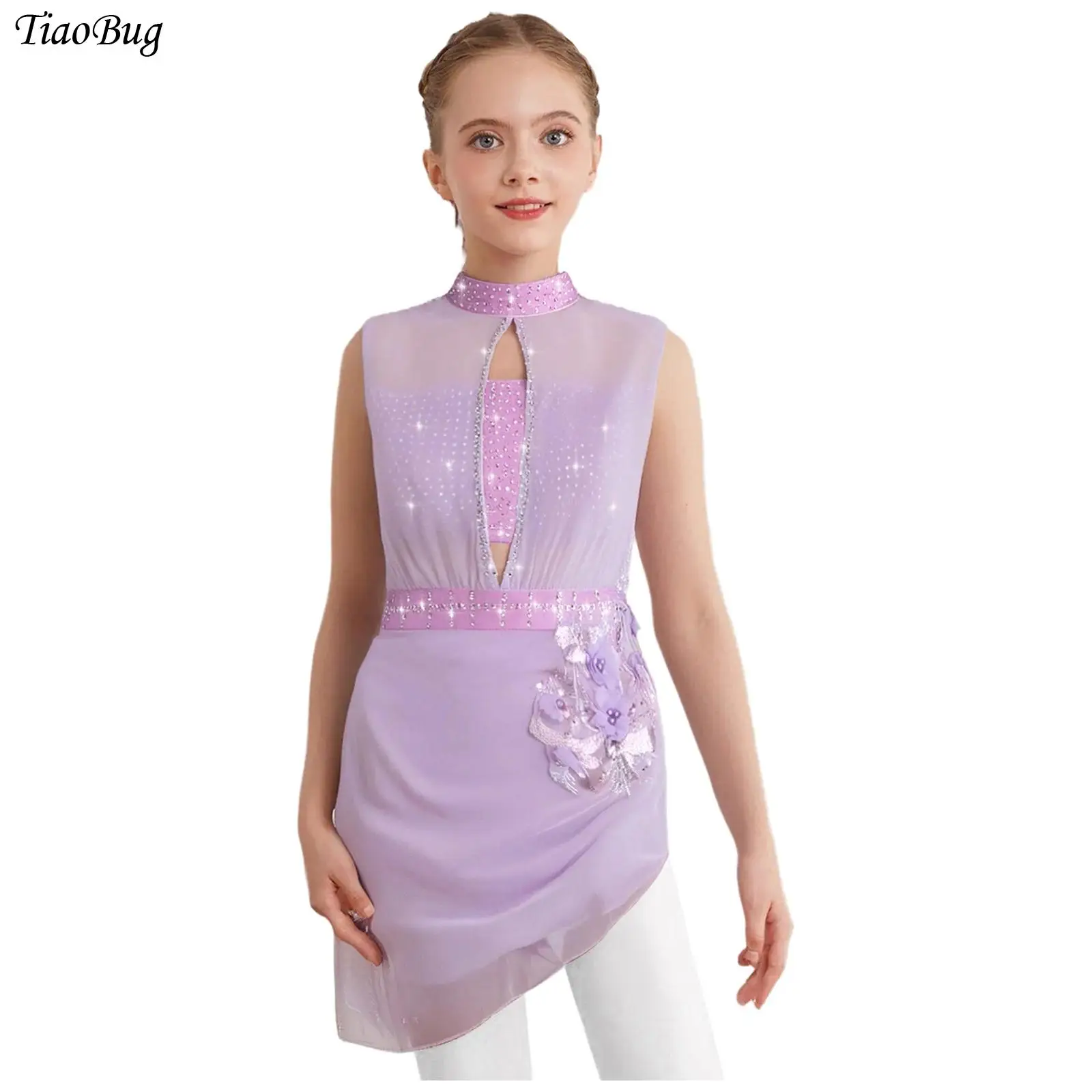 

Kids Girls Figure Skating Ballet Dance Dress Sleeveless Sheer Mesh Gymnastics Leotard Dress Rhinestones Lyrical Dance Costumes