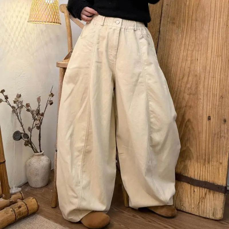 New Arrival Spring Autumn Women Elastic Waist Loose Cotton Denim Length Pants All-matched Casual Wide Leg Jeans High Quality