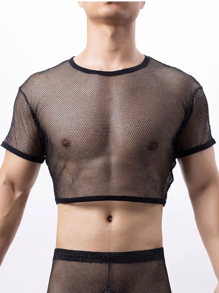 Men\'s Clothing Mesh Transparent Male Set New Two Piece Sexy Sheer Boxer With Crop Tops Exotic Man Outfits Night Allure Costume