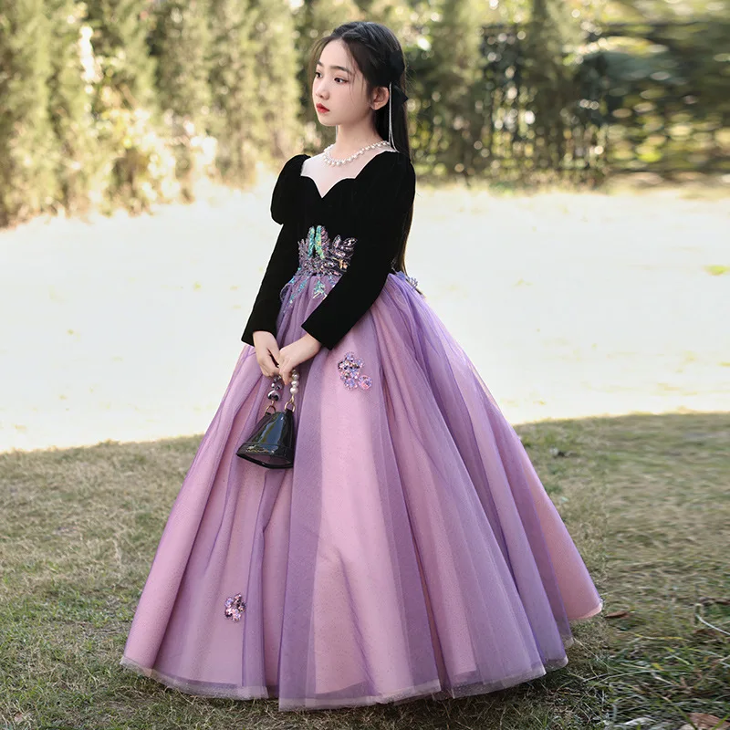 

Новое вечернее платье принцессы с длинными рукавами для девочек на день рождения, пышное платье для выступлений на скрипке