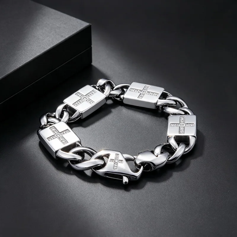 The Charm of Zircon Cross Bracelet For Men Stainless Steel Fashion Jewelry Hippop Street Culture