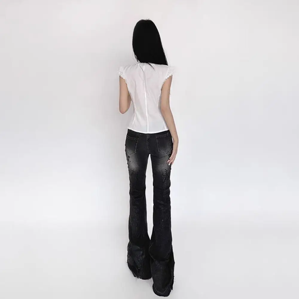 Camisas sin mangas con volantes para mujer, camisa Crope con cordones de estilo francés, Top ajustado con cuello redondo, blusa blanca