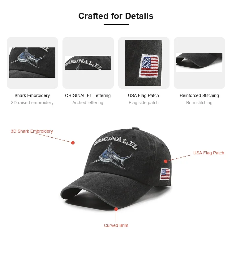 2026 Neue Hochwertige Gewaschene Baumwoll-Baseballkappe mit Amerika-Flagge und Hai-Motiv für Männer und Frauen Snapback Hüte Hip-Hop Dad Hat Gorras – Detail 4