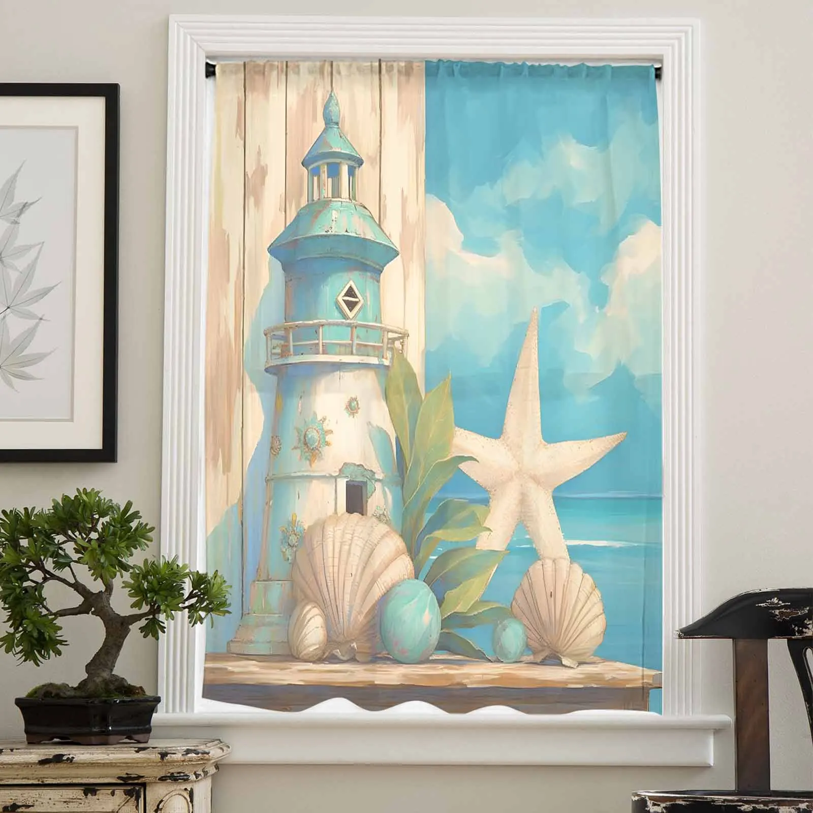 Ocean Beach Lighthouse Starfish Shell Plants Sky Sheer Curtain Living Room Drapes Home Voile Curtain Tulle Window Curtain