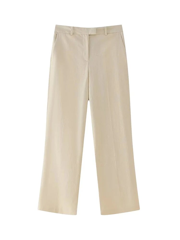 

2024 Casual Linen Blend Summer Womens Khaki Long Pants Female High Waist Zipper Fly Casual Straight Solid Trousers