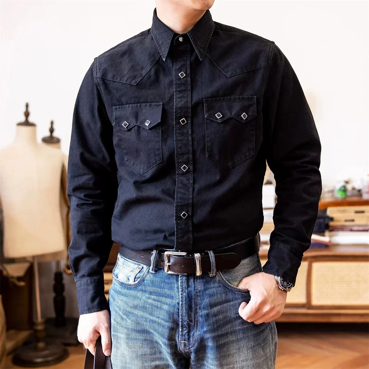 

Red Tornado Diamond-Snapped Western Shirt Retro Pointed Collar Claw Buckle Tooling Casual Long Sleeve Ranch Wear Workwear Shirt