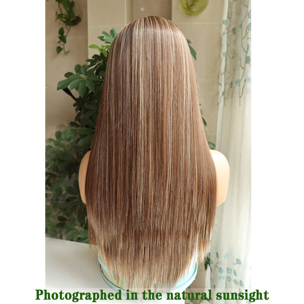 Synthetic Headband Wigs for Women Long Straight Honey Blonde Highlights Silky Heat Resistant Wigs for Daily Party Use(24inch)