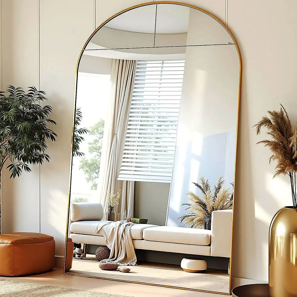 مرآة أرضية كاملة الطول، مرآة قائمة مقوسة كبيرة الحجم مقاس 91 × 46 بوصة باللون الذهبي لغرفة النوم وغرفة المعيشة وغرفة الملابس - أنيقة