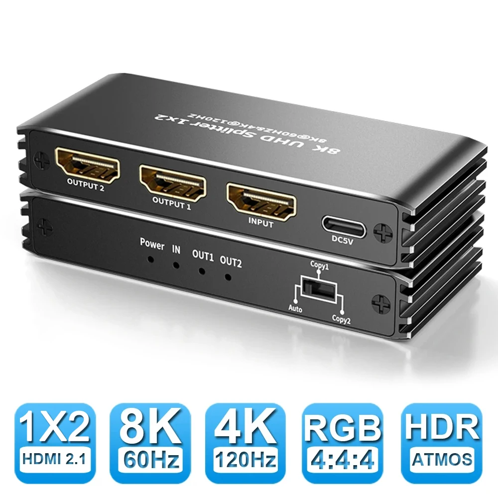 8K 60Hz HDMI-compatible Splitter 1 In 2 Out 4K 120Hz HDMI-compatible 2.1 Dolby Atmos ALLM HDR VRR EDID for PS5 XBOX PC Monitor