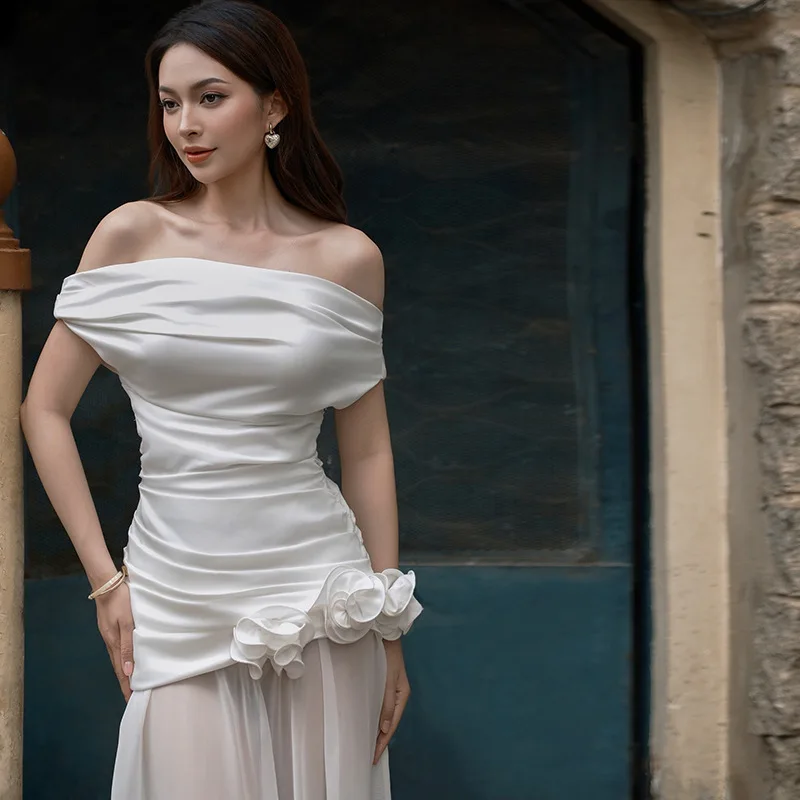 DSMTRC 메쉬 쉬어 화이트 레이스 패치 워크 우아한 슬래시 넥 가운 파티 드레스 여성용 여름 프릴 폴드 민소매 맥시 드레스