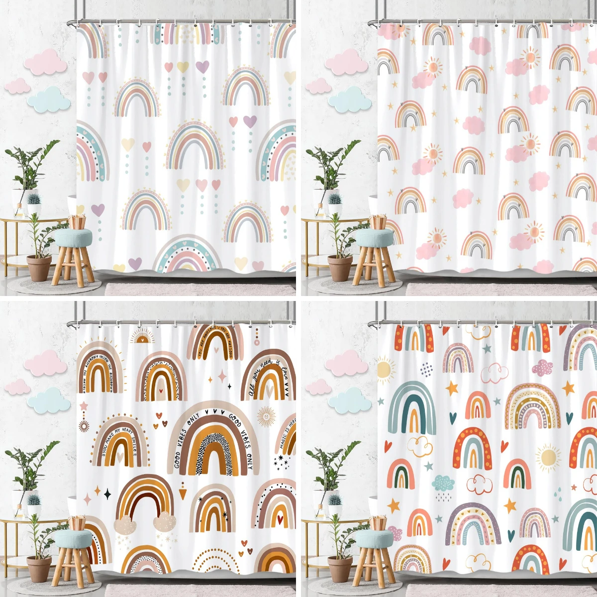 Rainbow Shower Curtain Colourful Cute Bohemian Abstract Print Kids Shower Curtain Polyester Fabric Art Bathroom Decor With Hooks
