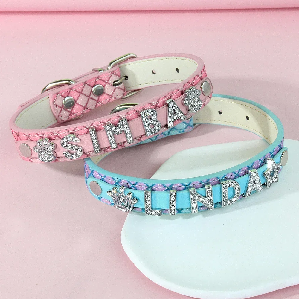 Spersonalizowane DIY imię obroża dla psa Bling obroża dla psa z diamentową klamrą szczeniak kot litery Charms dla Teddy buldog francuski