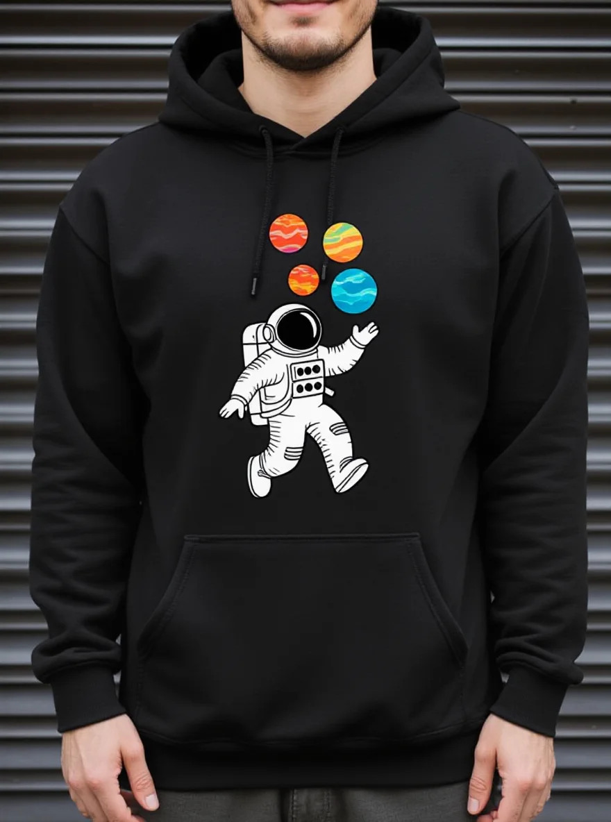 

Мужская толстовка с капюшоном «Астронавт и планеты», на флисовой подкладке, оверсайз, осень/зима, можно стирать в машине