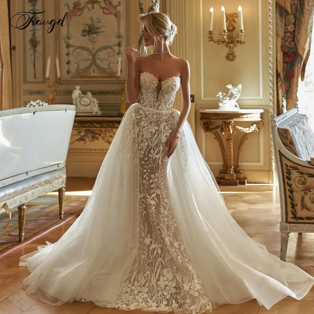 

Customized Strapless Sexy Mermaid Wedding Dresses Lace Appliques Vintage Vestido De Novia Detachable Train Robe De Mariee
