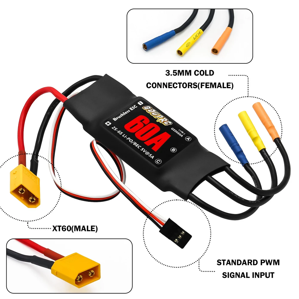 60A Electronic Speed Controller with 5V/7A BEC & XT60 Plugs Electric Speed Controller for Drone RC Helicopter Airplane