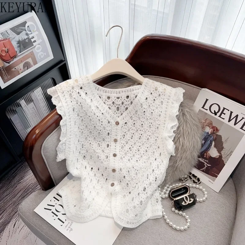 2024 Summer New French Crochet Hollow Out Sweater Vest Women Vintage Elegant Fashion Ruffles V-neck Knit Cardigan Vests Tops