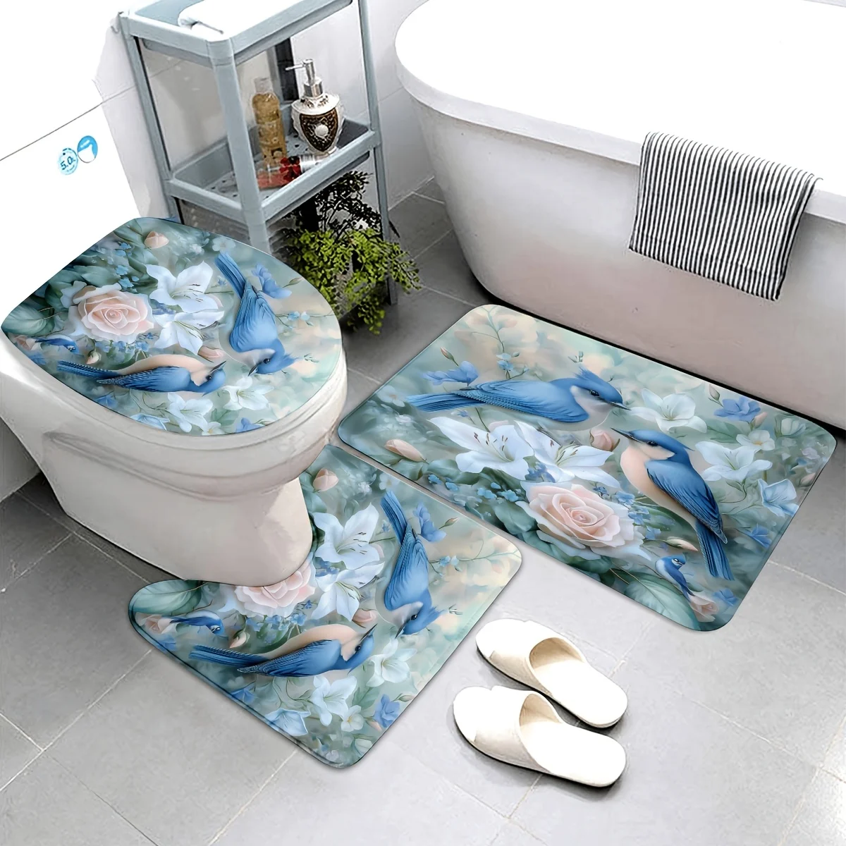 

3 шт. коврик для ванной с Новым годом и Дня святого Валентина, голубая роза, колибри — в комплект входит U-образный коврик, чехол на сиденье унитаза и коврик для ванной