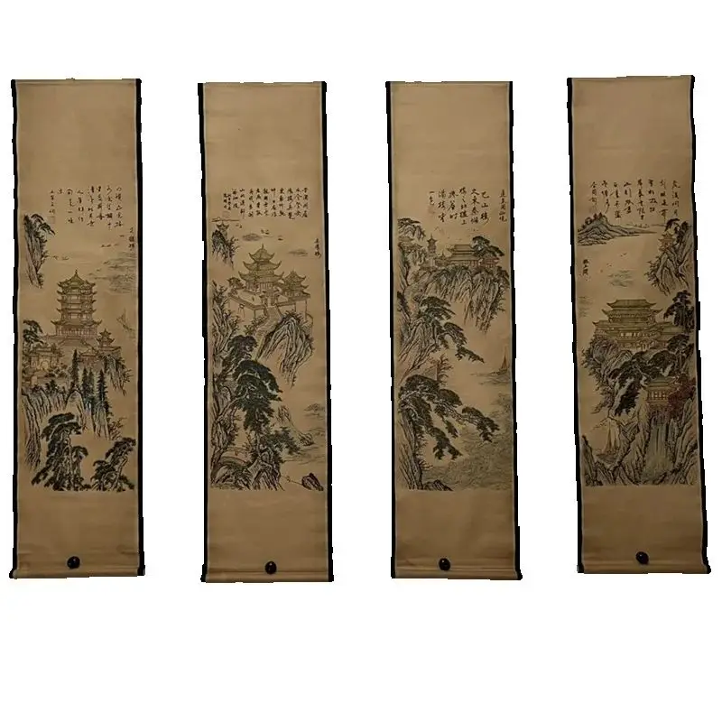 China Old Paper Calligraphy Paintings Scrolls, Four pairs of famous calligraphy and painting murals (Four Famous Towers in China