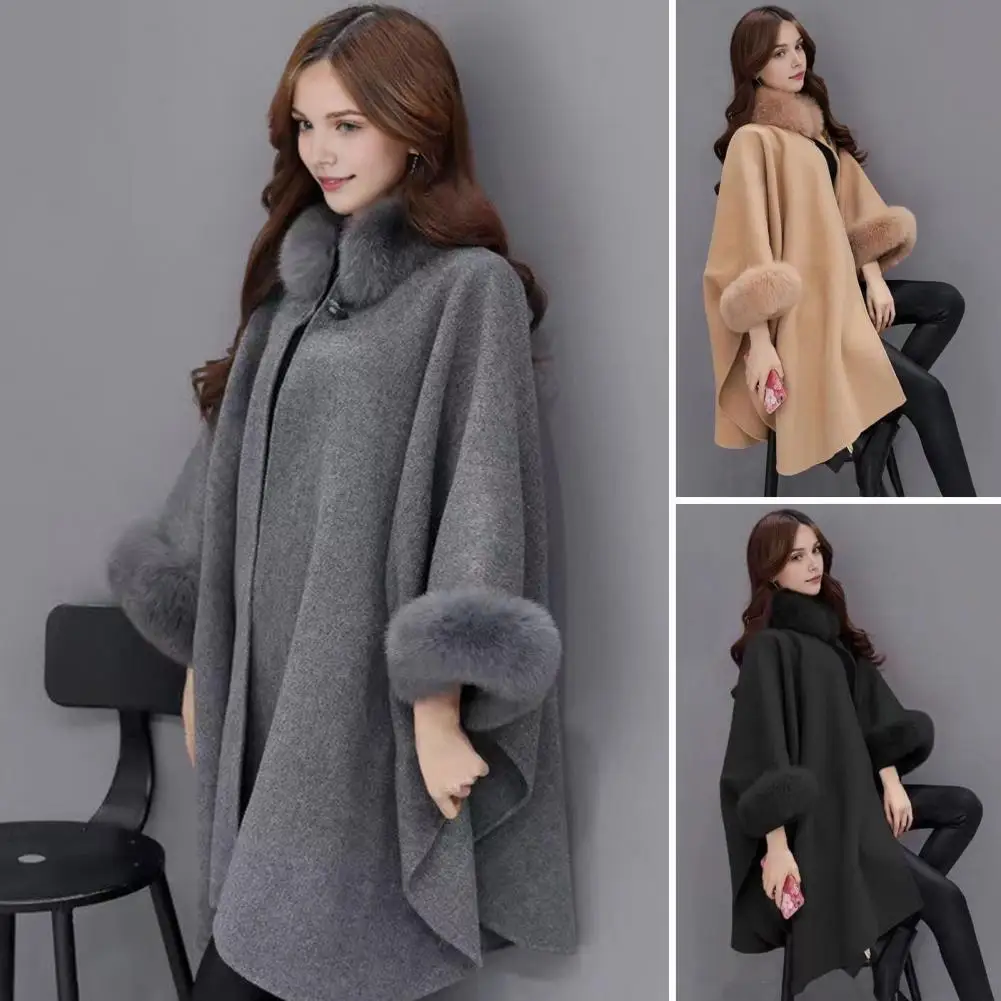 Faux Fur Collar Jacket Stylish Winter Cape Coat with Dolman Sleeves Faux Fur Decor for Women Warm Shawl Poncho for Wear Outdoor