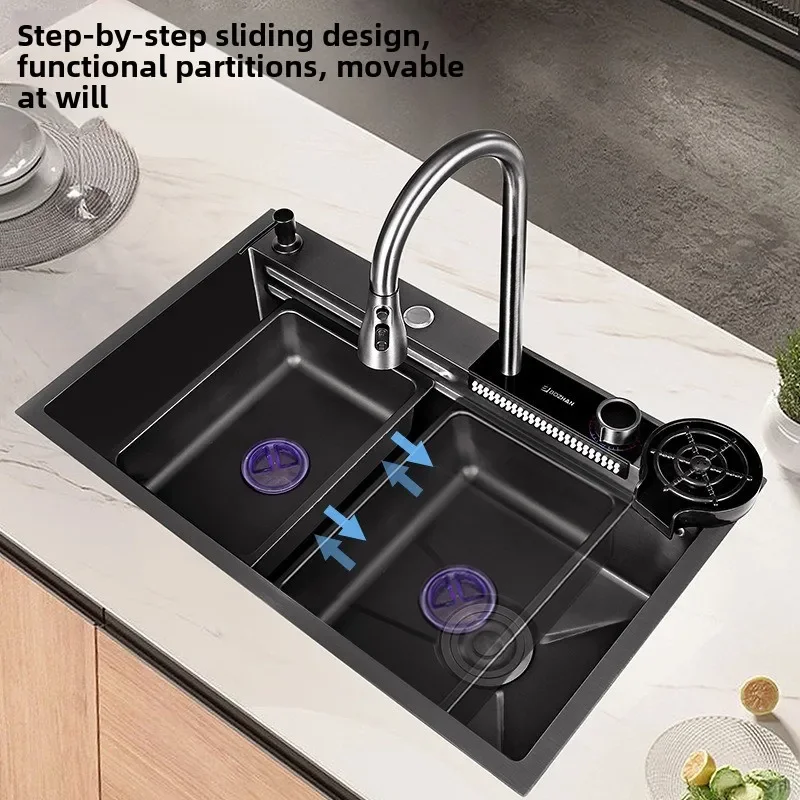 Modern 340 Stainless Steel Kitchen Sink Set with Waterfall Faucet, Stepwise Design and Large Storage Space Undermount