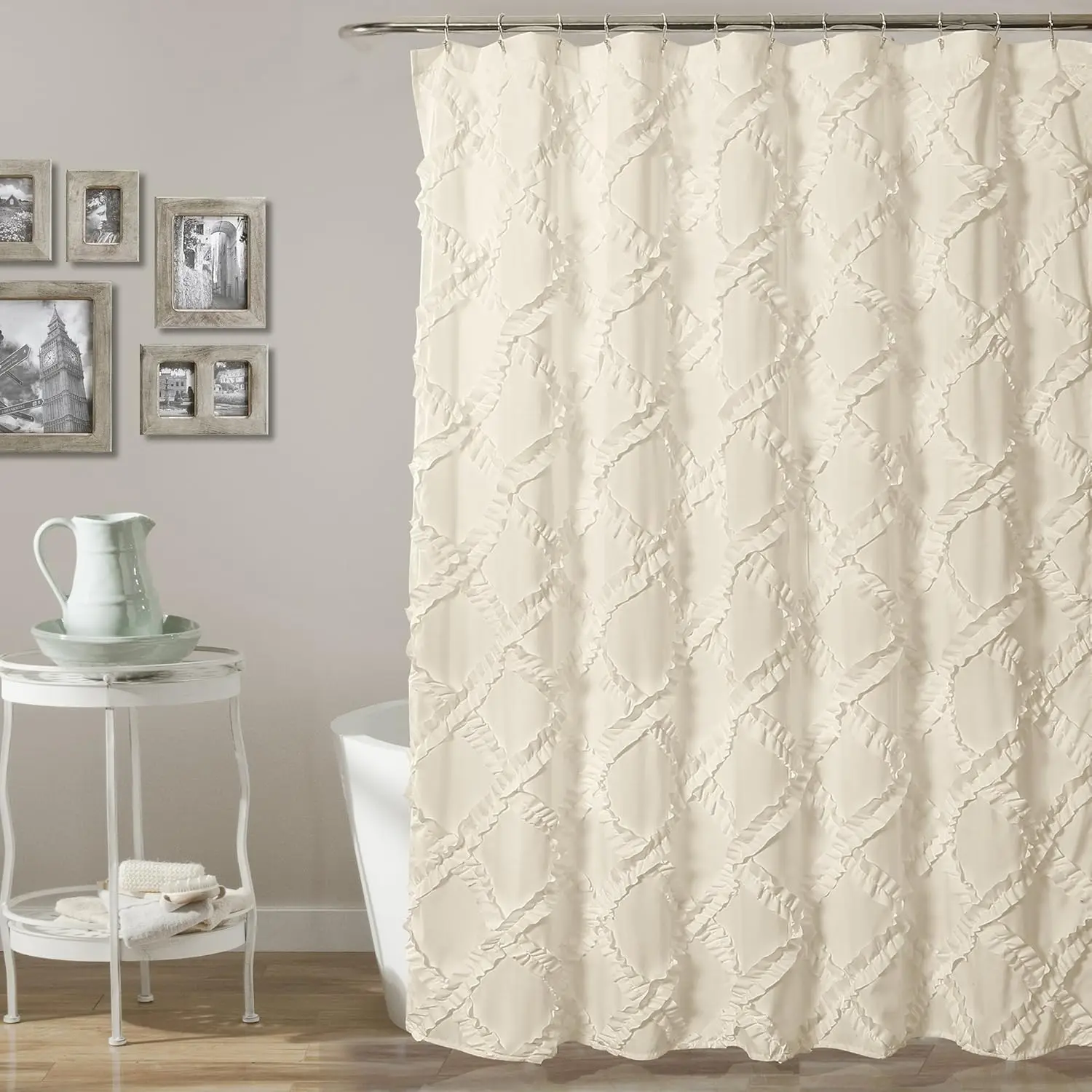 

Ivory Pale Yellow Ruffle Diamond Shower Curtain, Textured Shabby Chic Farmhouse Style, 72x72 Inches