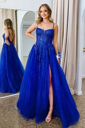 Tulle Spaghetti Straps Strapless Evening Dresses With Split Sparkly Corset Sleeveless Ball Gowns A-Line Long Formal Prom Gowns