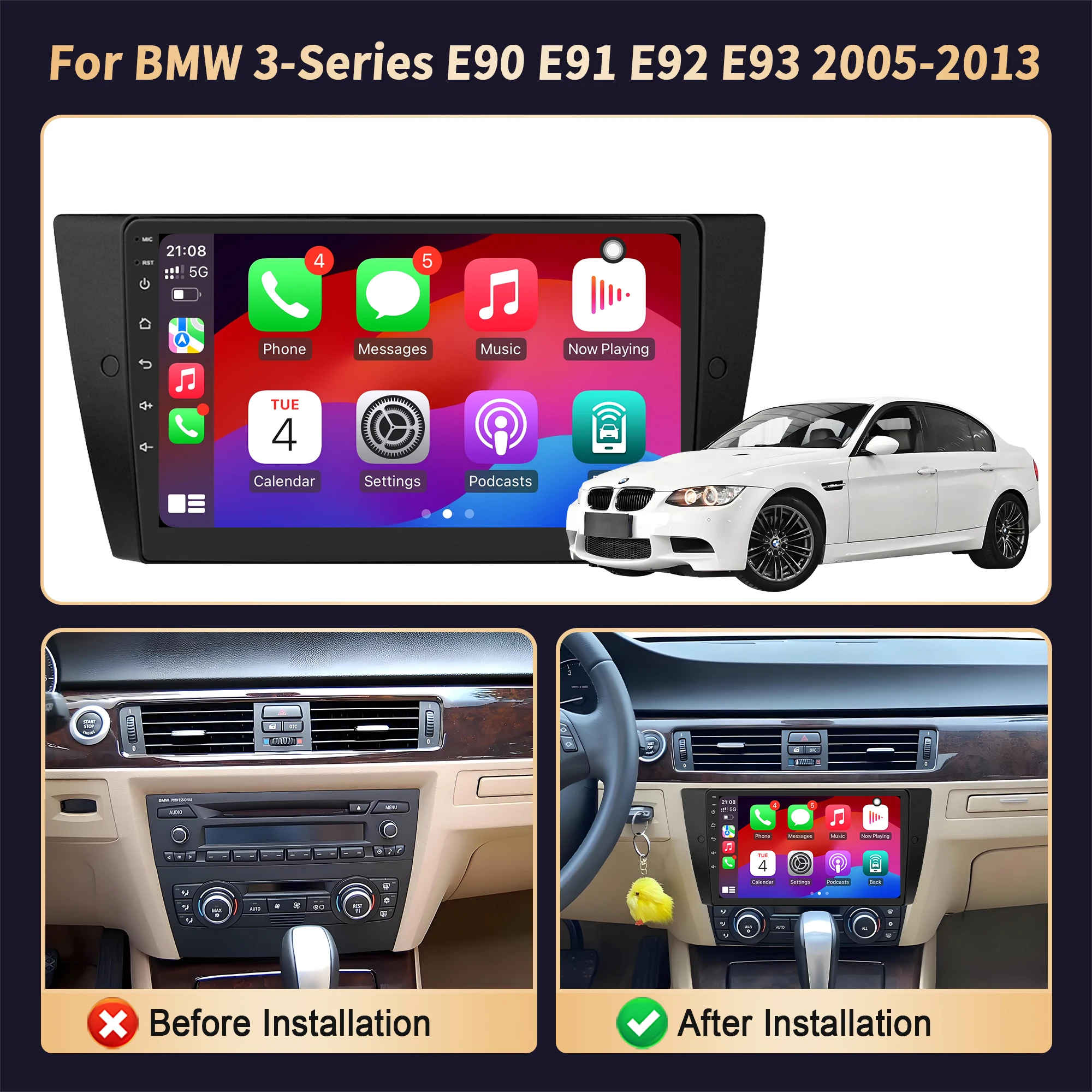 For BMW 3-Series E90 E91 E92 E93 2005-2013 Wireless CarPlay Android Auto Multimedia Navigation GPS CarPlay Radio Screen Stereo