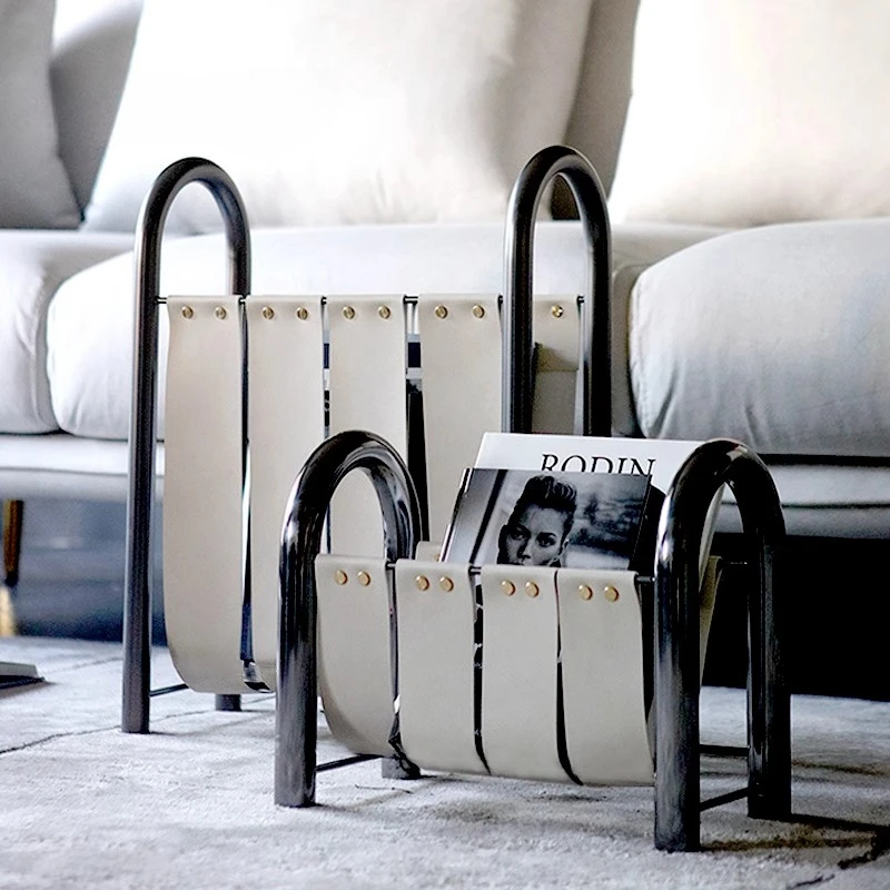 

Contemporary Luxury Leather And Metal Book Holder Magazine Rack for Showroom Or Living Room with Designer Craftsmanship Storage