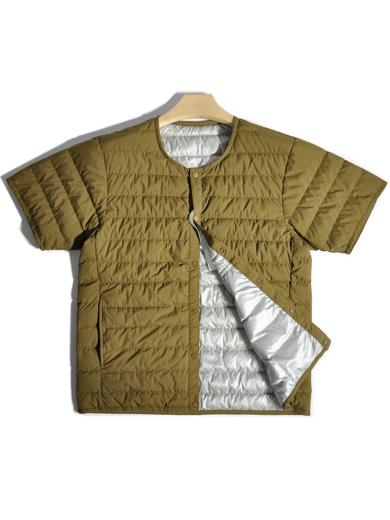 Jaket lapisan dalam hangat bulu angsa putih ringan gaya retro Jepang untuk luar ruangan, setengah lengan tanpa kerah, jaket lengan pendek