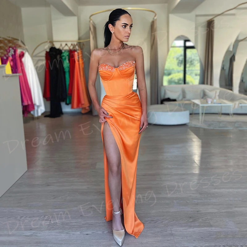 

Pretty Orange Mermaid Modern Women's Evening Dresses Charming Strapless Sleeveless Prom Gowns Beaded Side Split Vestido De Noche
