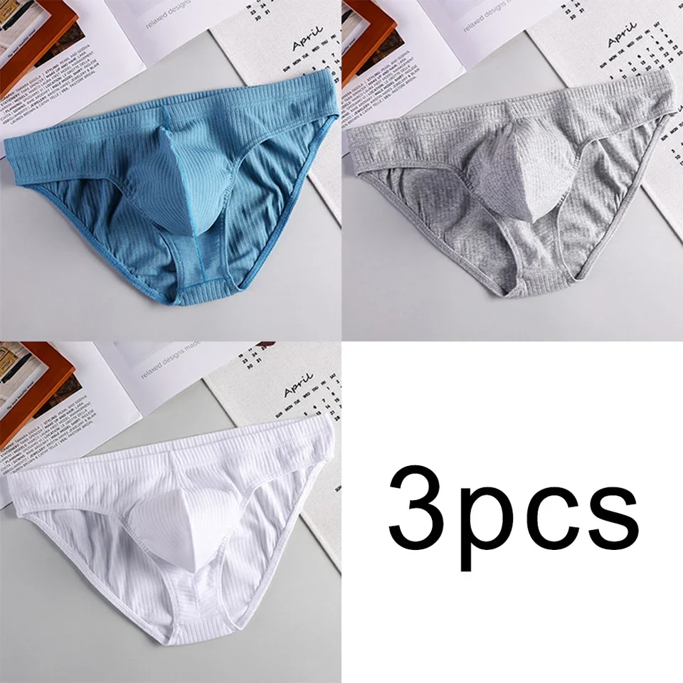 3PCS Men Cotton Underwear Threaded Briefs U Convex Pouch Low-Waist Breathable Underpants Sports Solid Color Briefs