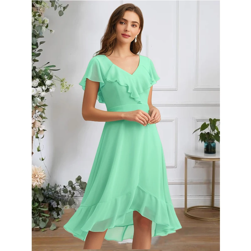 

Mint Green Short Bridesmaid Dresses for Women V Neck Ruffle Chiffon Cap Sleeve Maid of Honor Dress party wedding evening