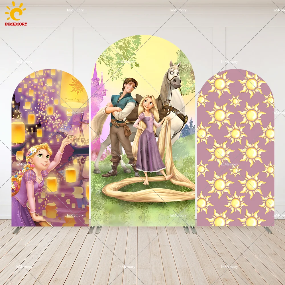 Rapunzel Birthday Arch Top Round Backdrop Cover Golden Long Hair Tangled Princess Party Arched Wall Background Photobooth