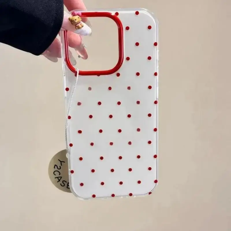 

White Background Full Screen Red Wave Point Phone Case For iPhone 17 16 15 14 13 12 11 Pro Max Plus Y2K Anti Scratch Ins