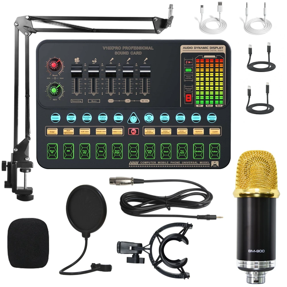 

Professional Audio V10XPRO Sound Card Set BM900 Mic Studio Condenser Microphone for PC Computer Karaoke Live Streaming Game Mic