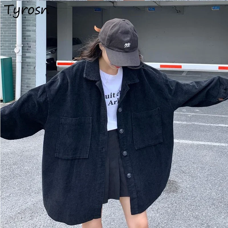 

Corduroy Shirts Women Solid Black All-match Pockets Single Breasted Long Sleeve Blouses Hong Kong Style Loose Outwear Mujer Chic