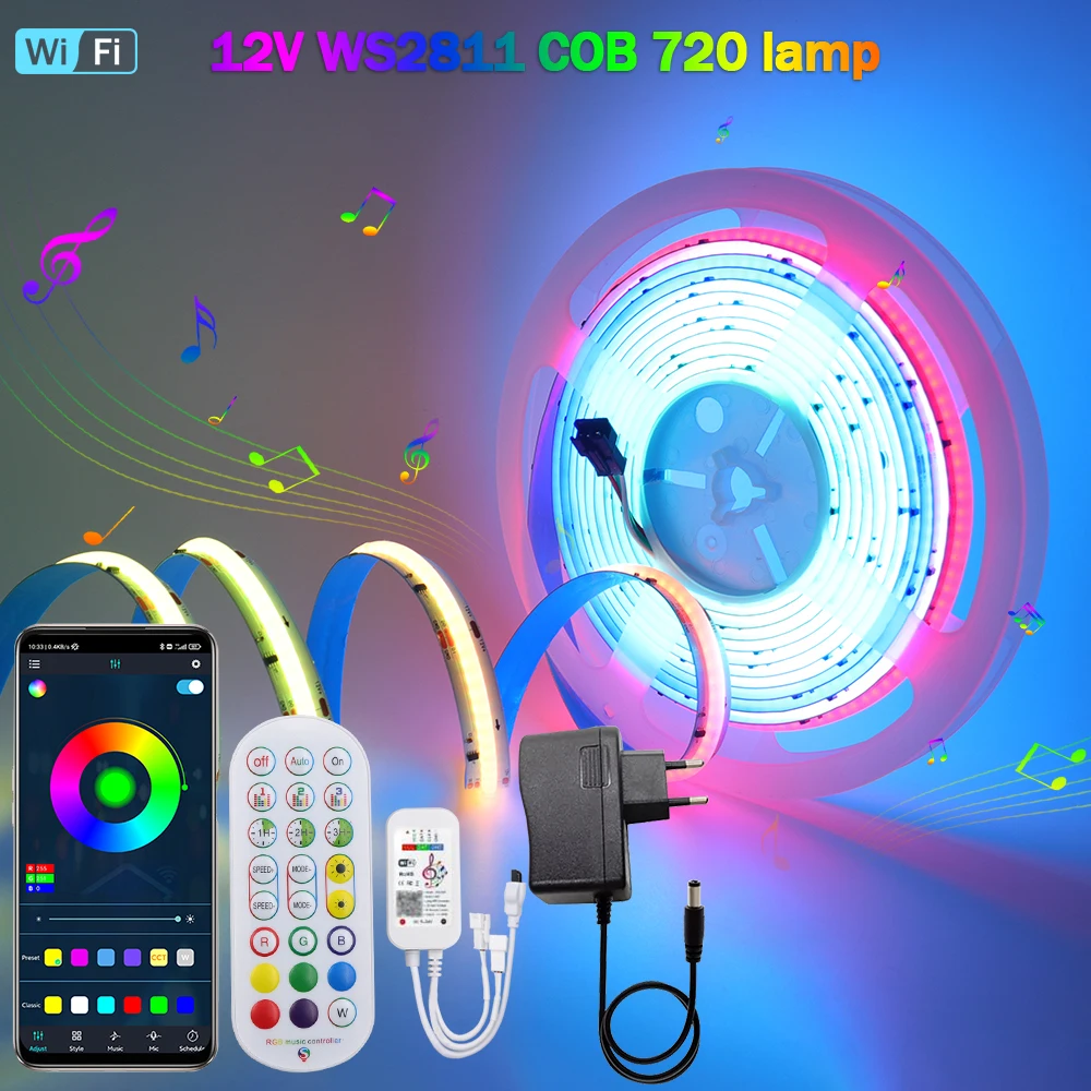 

WIFI WS2811 COB LED Strip RGB IC Pixel Addressable DC12V 24V 720Leds/m High Density Flexible Dream Color 12mm FCOB Light Tape