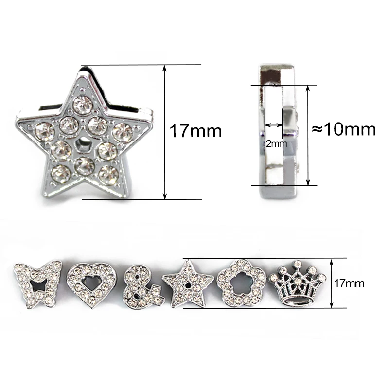 10PC/lot 10MM clear rhinestones & heart star butterfly crown Slide Charm For 10mm DIY Bracelet Wristband Jewelrys Making