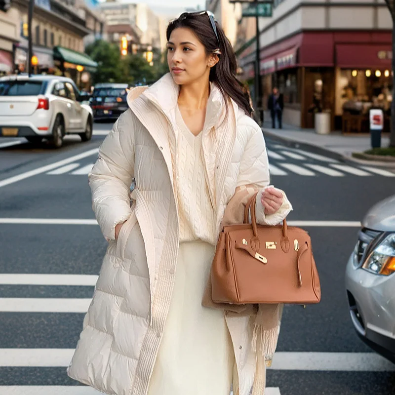 

KIDCRKJ 2025 Winter Long Women's Cotton Jacket Female Stand Collar Hooded Female Parkas Coats Knee Length Warm Jacket For Lady