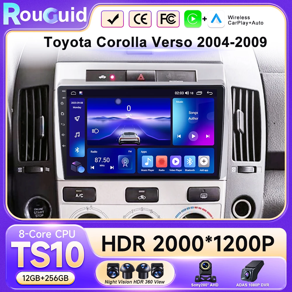

Автомагнитола Carplay, мультимедийный видеоплеер, экран для автомобиля Toyota Corolla Verso 2004-2009, 8-ядерный Android, 16 FM, 4G, GPS, BT