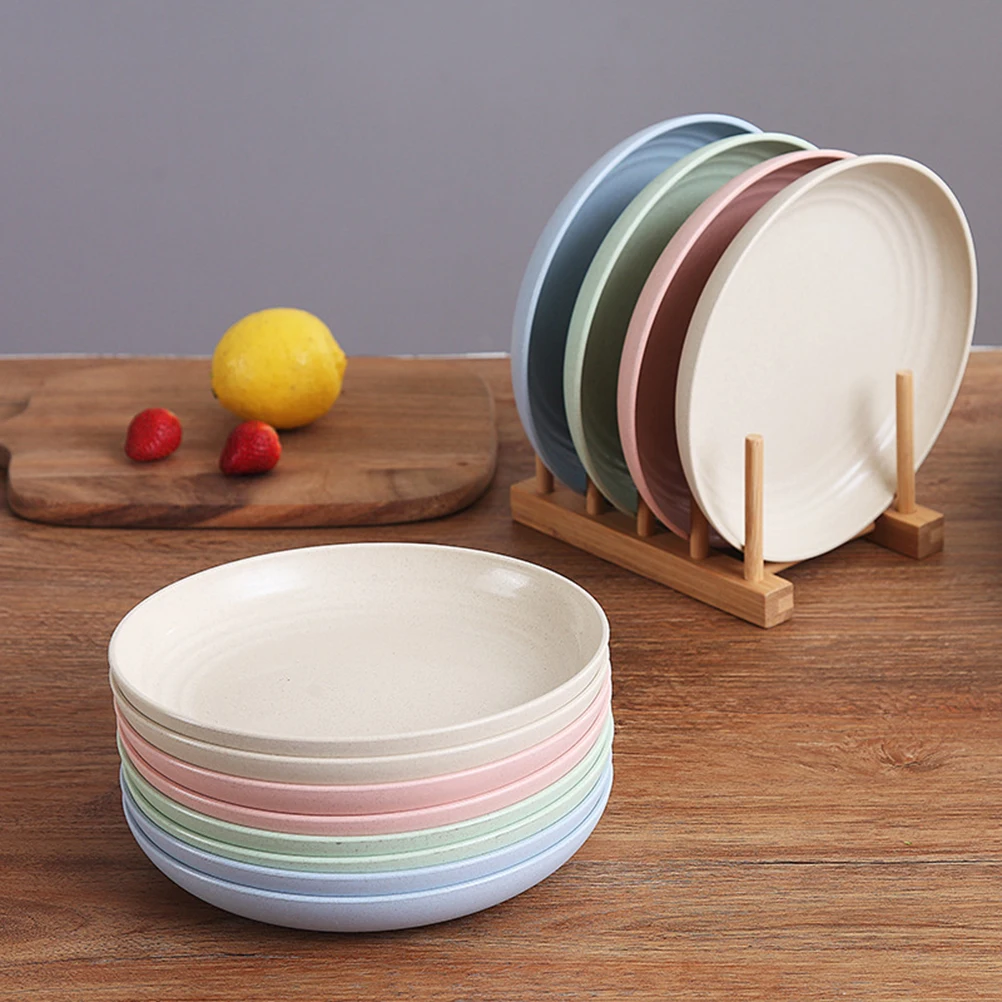 

4pcs Round Wheat Straw Platters Beige Sturdy Cut Resistant For Home Restaurant Salad Noodle Serving Dinner Plates Kitchen Dining