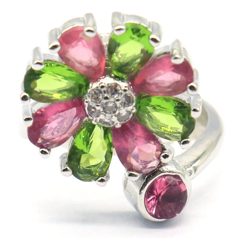 

Buy 5 Get 1 Free 22x17mm SheCrown Multi Color Flowers Tourmaline Blood Ruby Green Amethyst CZ Women Silver Rings Many Sizes