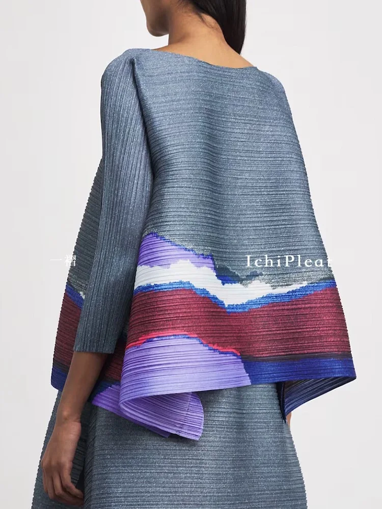 Women's Gray-Purple Wave Pattern Pleated Half-Sleeve Top & Midi Skirt 2-Piece Set Elegant Fashion Daily Wear 2025 Trendy Chic
